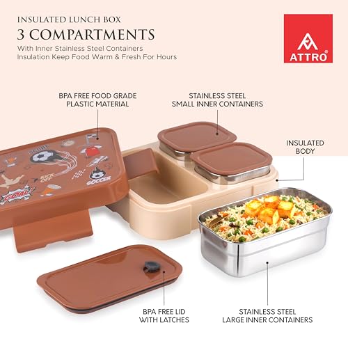 Image of ATTRO Admire Deluxe 3 Compartment Stainless Steel Lunch Box, BPA-Free Inner Steel, Lightweight & Durable, Easy Carry Tiffin for Kids,School & Travel-Soccer Print Brown-800ml