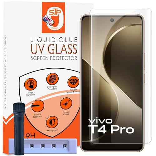 Image of STP FEEL HD+ UV Tempered Glass Screen Protector Guard Compatible For Vivo T4 Pro 5G (6.77 Inch, Pack of 1) Full Adhesive UV Curved Case Friendly HD Clarity with easy installation kit
