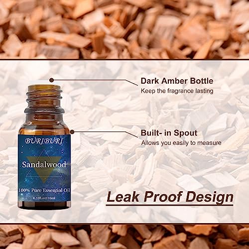 Image of BURIBURI Sandalwood Essential Oils for Diffuser, Skin, Hair, 100% Pure, Fragrance Oil for Candle Soap Perfume Making, Natural, Organic Aromatherapy Sandalwood Oils 10ML