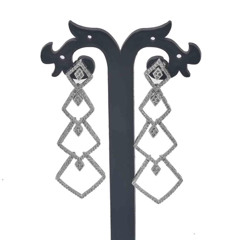 Image of Kollam Supreme Rhodium Plated Brass American Diamond Pave Long Earrings for Girls.