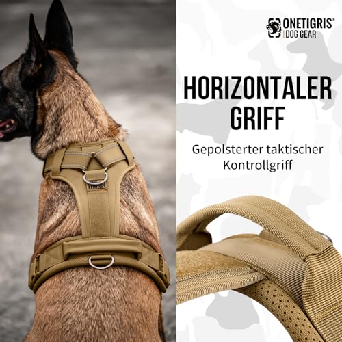 OneTigris Hundegeschirr, Diesel Einstellbar Taktisches Geschirr Weich Gepolstert Brustgeschirr für mittelgroße und große Hunde mit Reflektierend, 1 Griff, 3 D-Ringe (Braun, M)