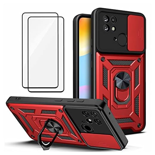 Capa para Xiaomi Poco C40 / Redmi 10C - com 2 películas temperadas, proteção para a câmera e suporte de metal para o telefone - Vermelho