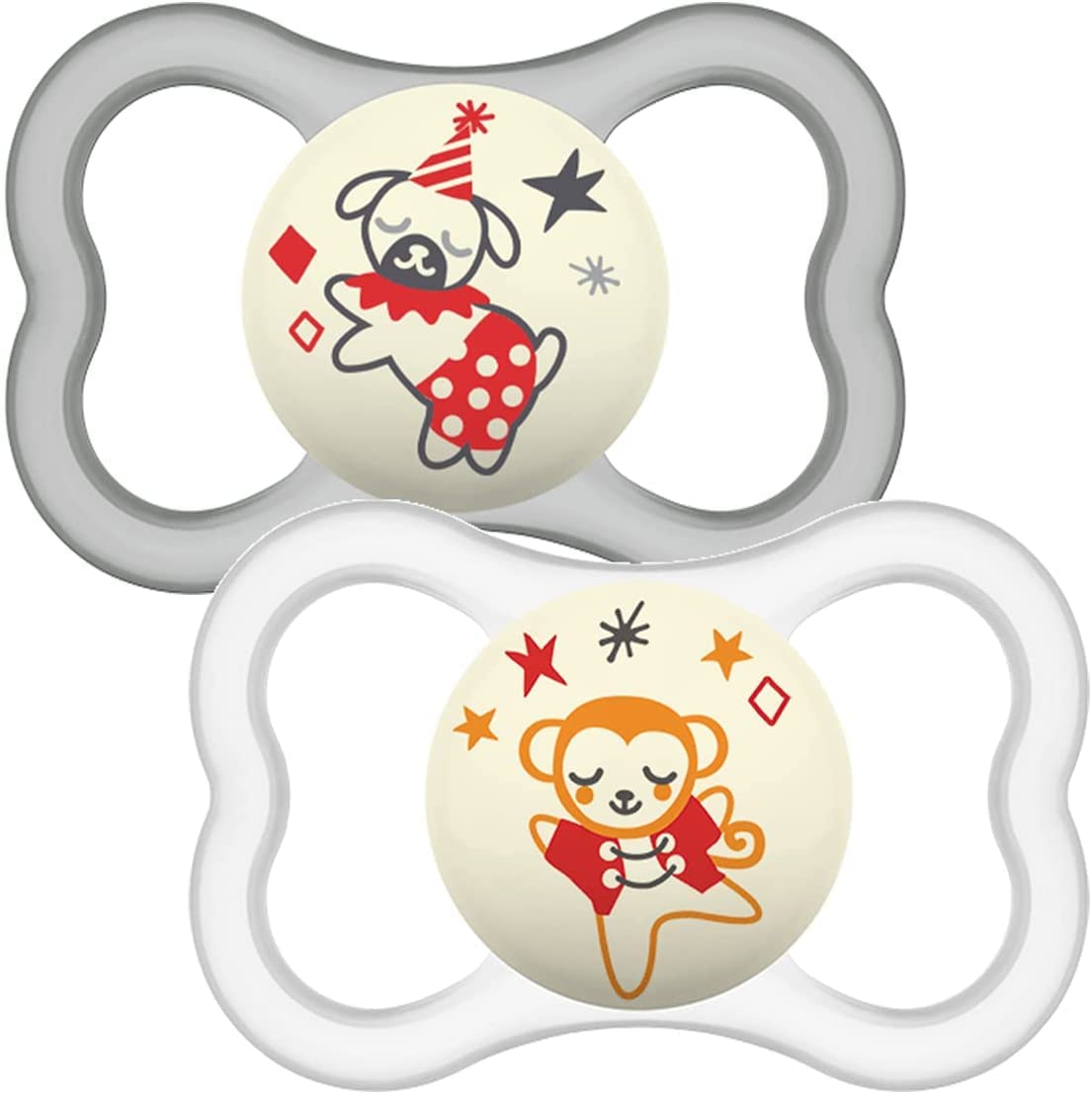 Intrucciones en lengua extranjera - MAM Chupetes de látex de 6 meses + (paquete de 2), que brillan en la oscuridad con estuche de viaje autoesterilizante, esenciales para recién nacidos, verde/blanco