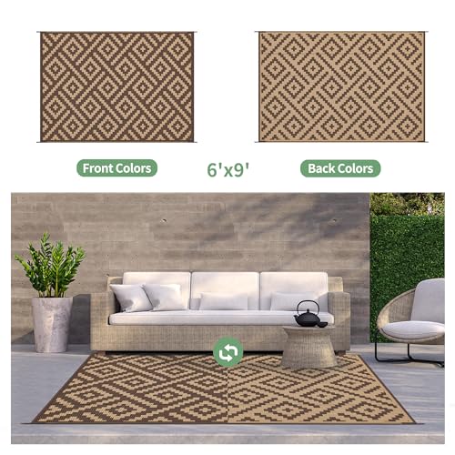 Image of GENIMO Outdoor Rug, Waterproof Plastic Rugs for Patio, 6'x9' Coffee Brown