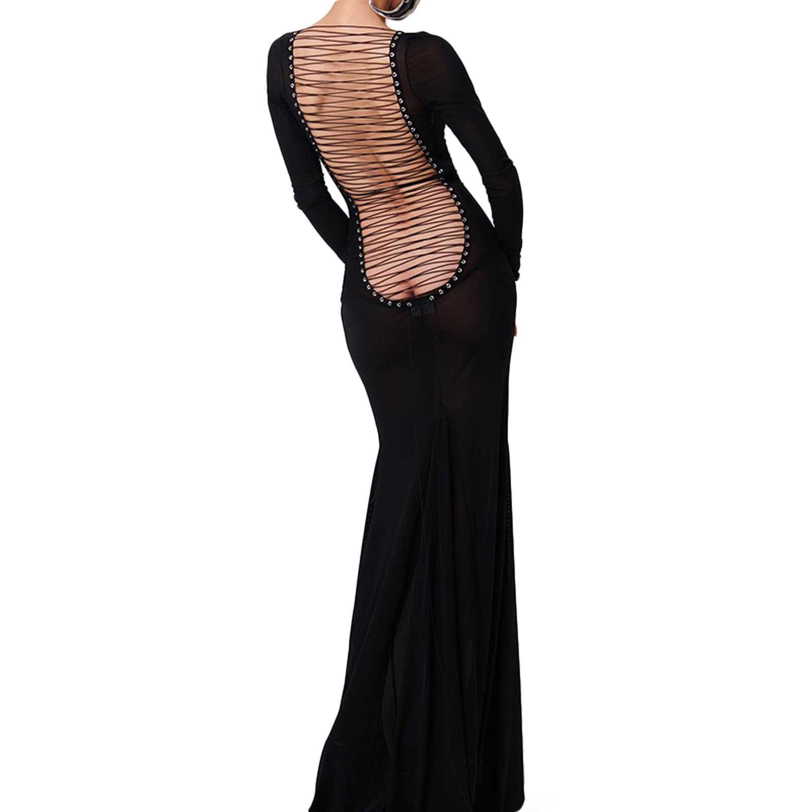 Geagodelia Robe Maxi-Longue Dos Nu en Mesh à Manches Longues, Robe Transparente Sexy Moulante en Bandage pour Soirée Cocktail Fête (Noire, Taille Unique)