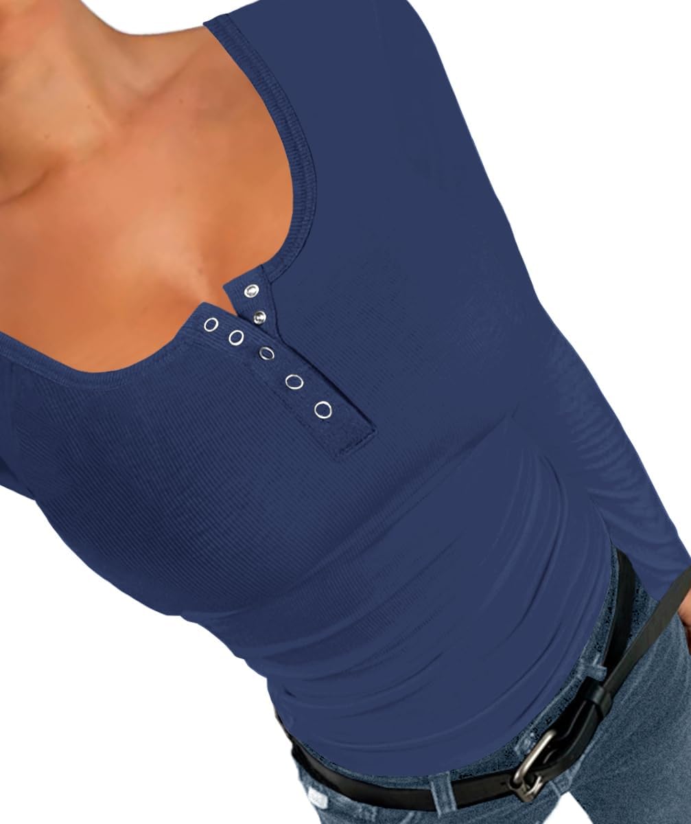 Afibi Women Long Sleeve Tops Scoop Neck Low Cut Slim Fitted Henley Shirt Ribbed Basic Tee Shirts Tops - Image 3