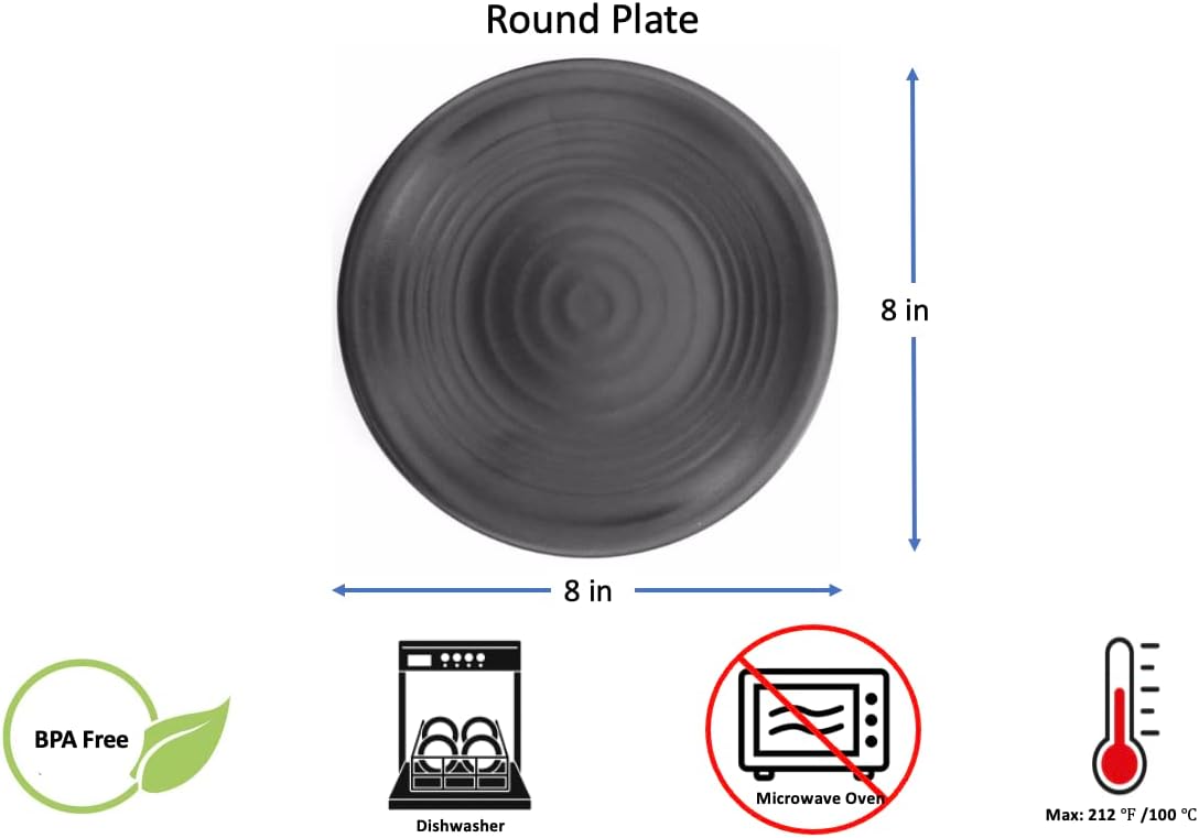 Melamine Round Dinner Plate Set, Black, 8", 9", 10", 11.5" dia, Black, LJP Series (24, 8")