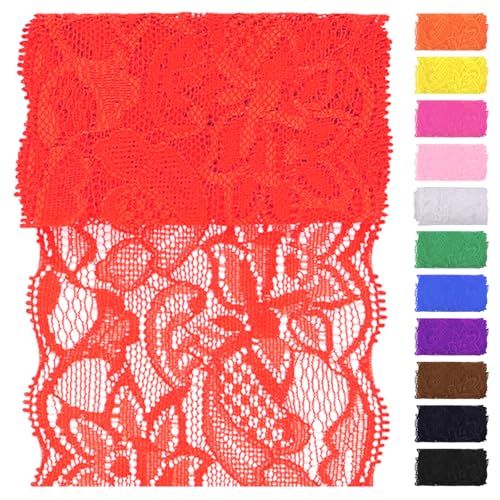 Swpeet Tecido de renda vermelha elástica de 4,57 metros por 3,15 polegadas de largura, fita de renda decorativa, fita elástica de costura para roupas, tiaras, confecção de buquês de casamento