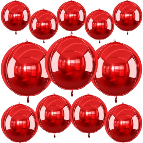 Image of 12PCS Metallic Red Round Foil Balloons 22 inch 15 inch 10 inch Large Mylar Balloons | Shiny Red 4D Ball Balloons for Birthday Party, Graduation, Wedding, Christmas, New Year, Disco Prom Party Decorations