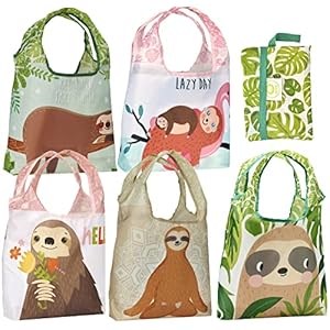 O-WITZ Reusable Grocery Bags | Vibrant Tote Bag For Groceries, Gym, Beach Gear, Toys & More | Washable Design With Large Handles For Maximum Convenience | Folds Into A Small Pouch, 5 Pack, Sloths