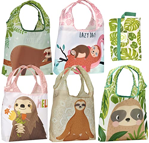 O-WITZ-Reusable-Grocery-Bags-Vibrant-Tote-Bag-For-Groceries-Gym-Beach-Gear-Toys-More-Washable-Design-With-Large-Handles-For-Maximum-Convenience-Folds-Into-A-Small-Pouch-5-Pack-Sloths