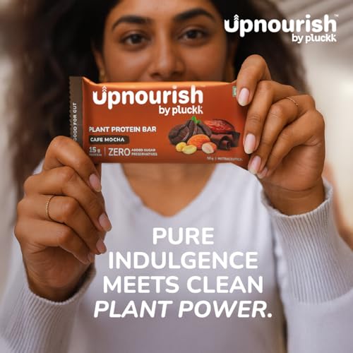 Image of Upnourish by Pluckk Plant Protein Bar - Pack of 12 (50g Each) | 15g Protien , 2g Fiber | No Added Sugar & Preservatives | Protein Bar without sugar | Lactose & Gluten Free | Gut Friendly | Cafe Mocha Flavoured - 300g