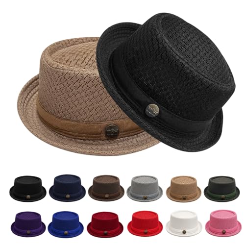 DzaiCrkwd Summer Breathable Mesh Pork Pie Hat for Men, Lightweight Packable Sun Protection Beach Outdoor Jazz Cap, Classic Bowler Hat Travel Party (Beige+Black)