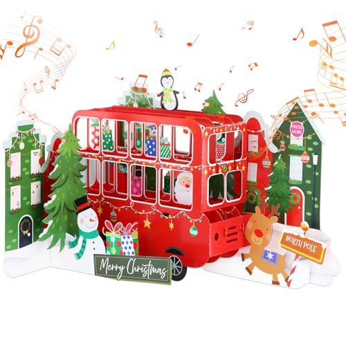 Carte de Noël pop-up 3D musicale Père Noël bus lumineuse LED avec enveloppe