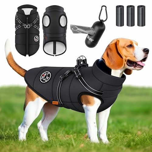 LOVPET® Hundejacke Hundemantel mit Geschirr, inkl. 45 Stück Kotbeutel + Spender, Hunde Winterweste gefüttert wasserdicht, Gepolsterte Weste Mit Brustgurt, Reflektoren, D-Ring L, Schwarz