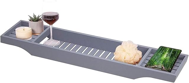 MantraRaj Wooden Bath Caddy Tray Bridge - White Bath Caddy Bamboo Bathtub Tray Rack Tidy Bathroom Shelf Organizer Storage Bath Table for Reading , Tablet, Kindle, Wine Glass Bath Accessories (Grey)