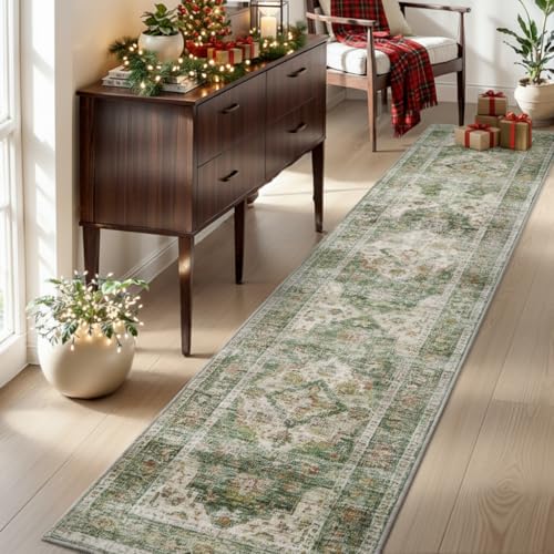 AMOAMI-2X10 Runner Rug-Washable Runners for Hallways-Soft Non Slip Bedside Rugs for Bedroom-Vintage Long Rug for Hallways Entryway Laundry Room Stair Kitchen Bathroom Green Olive Green 2' x