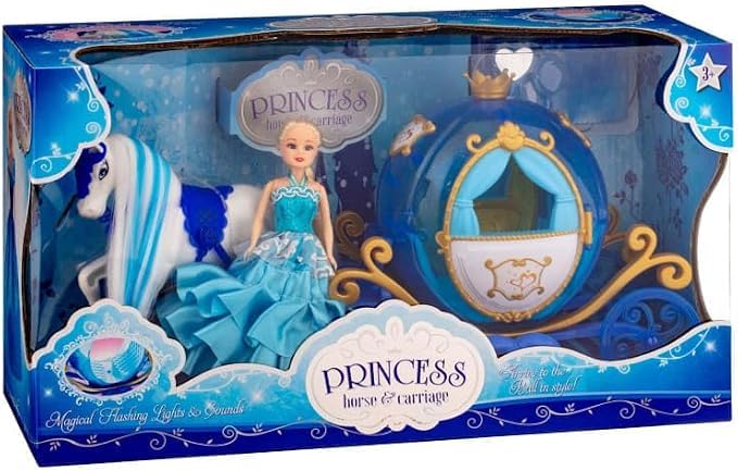 YKM’S Blue Princess Horse Carriage Toy Set Doll Flashing Lights Sounds Kids Pretend Play Fantasy Roleplay Gift