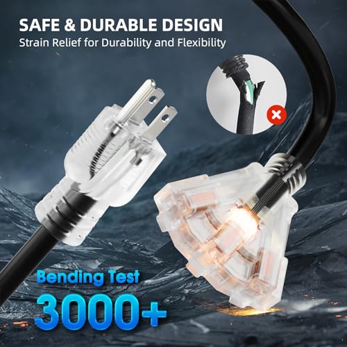 100FT 10 Gauge Outdoor Extension Cord with Multiple Outlets, Heavy Duty Waterproof 3 Prong Power Cord with Lighted 3-Outlets, 15A 1875W Black Extension Cord for Garage, Garden, Jobsite, ETL Listed by islewire - Image 2
