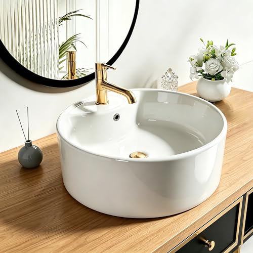 NUESTRA VIDA Lavabo da Appoggio Rotondo in Ceramica Bianca, 41x41x14,5cm​ | Con foro rubinetto e troppopieno | Per bagno, lavanderia, toilette o spazi piccoli