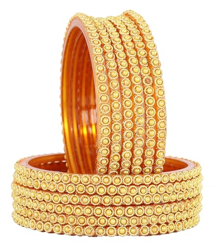 Image of NMII Glass Golden Beads & Pearls Moti Work Designer Bangles Set For Women & Girls | Kanch ki Chudi Set | Girl's Bangles Bracelet | Glass Bangles | Daily, Wedding, Party, Fashion Jewellery- Set of 12