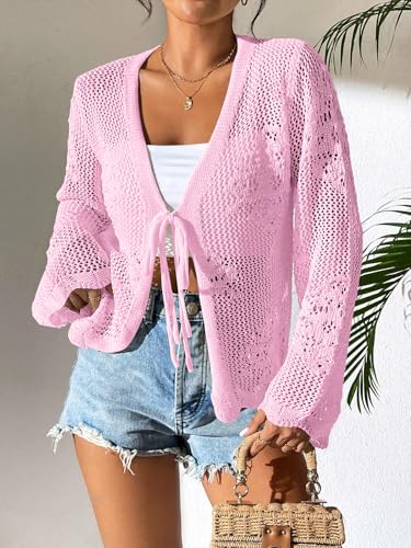 Image of Womens Tie Front Lightweight Crochet Cardigan Shrugs Knit Cardigan Crop Tops Cover Up