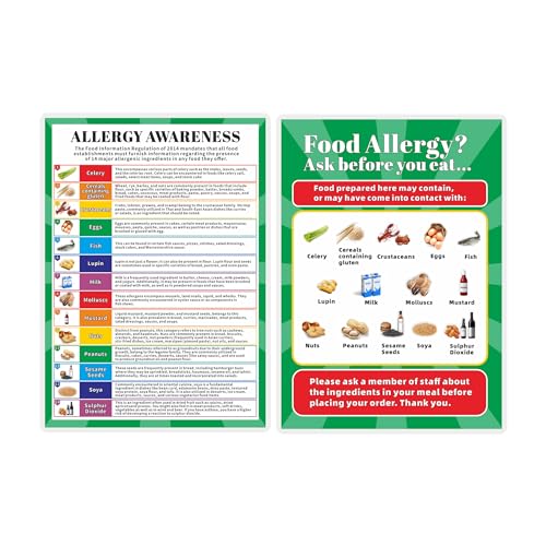 2 carteles de concienciación sobre alergias alimentarias, tamaño A4, laminado, con 14 intolerancia a los alérgenos, señal de seguridad de advertencia de higiene para cocinas, restaurantes, escuelas