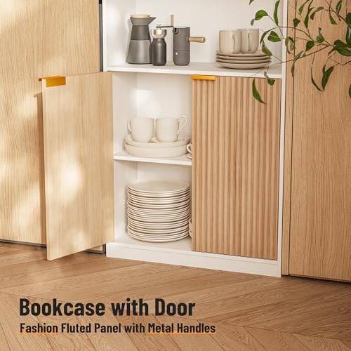 INNOD 72\" Tall Book Shelve Bookcases with Doors, Floor Standing 6 Shelf Display Storage Shelves, Book Shelf with Storage Cabinet, Home Decor Furniture for Living Room Bedroom and Home Office