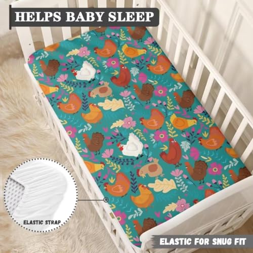 Image of Rooster Hen Baby Crib Sheets Neutral Nursery Bedding Sets Soft&Comfortable Fitted Sheet for Baby and Toddler Beds Crib Covers Safe and Breathable