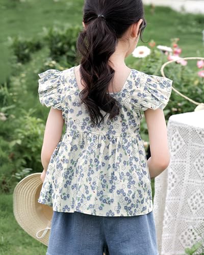Girls Summer Short Sleeve Tops Cute Ruffle Square Neck Peplum Shirts Casual Cotton Smocked Blouse 2-12 Y4