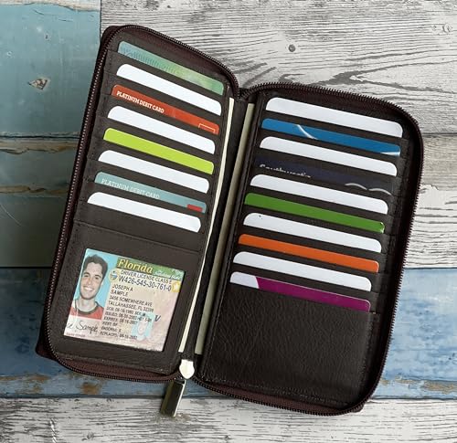 RFID Premium Soft Cow Leather Long Bifold Zip around Credit Card ID Holder Travel Organizer (Brown)4