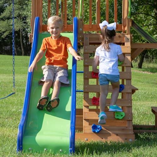 Image of Backyard Discovery Beach Front Cedar Wood Swing Set with Wave Slide, Play Deck, Monkey Bars, Rock Wall Ladder, Shaded Picnic Area, Snack Bar, Belt Swings, Trapeze, Sandbox Area, Outdoor Playset