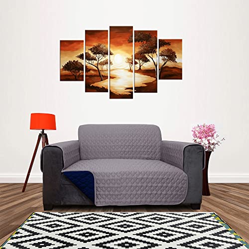 Image of DREAM KING 3 Layers Reversible Sofa Cover Polyester 2 Seater Quilted Sofa Cover with Side Pockets Grey & Navy Blue