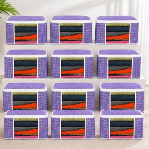 Image of VERVENIX Saree Cover Pack of 12, Large Size, White & Purple Pattern Garment Storage Bags with Zipper & Transparent Window, Dustproof Clothes Cover for Sarees, Suits, Dresses, 46.3 x 36 x 22.5 CM