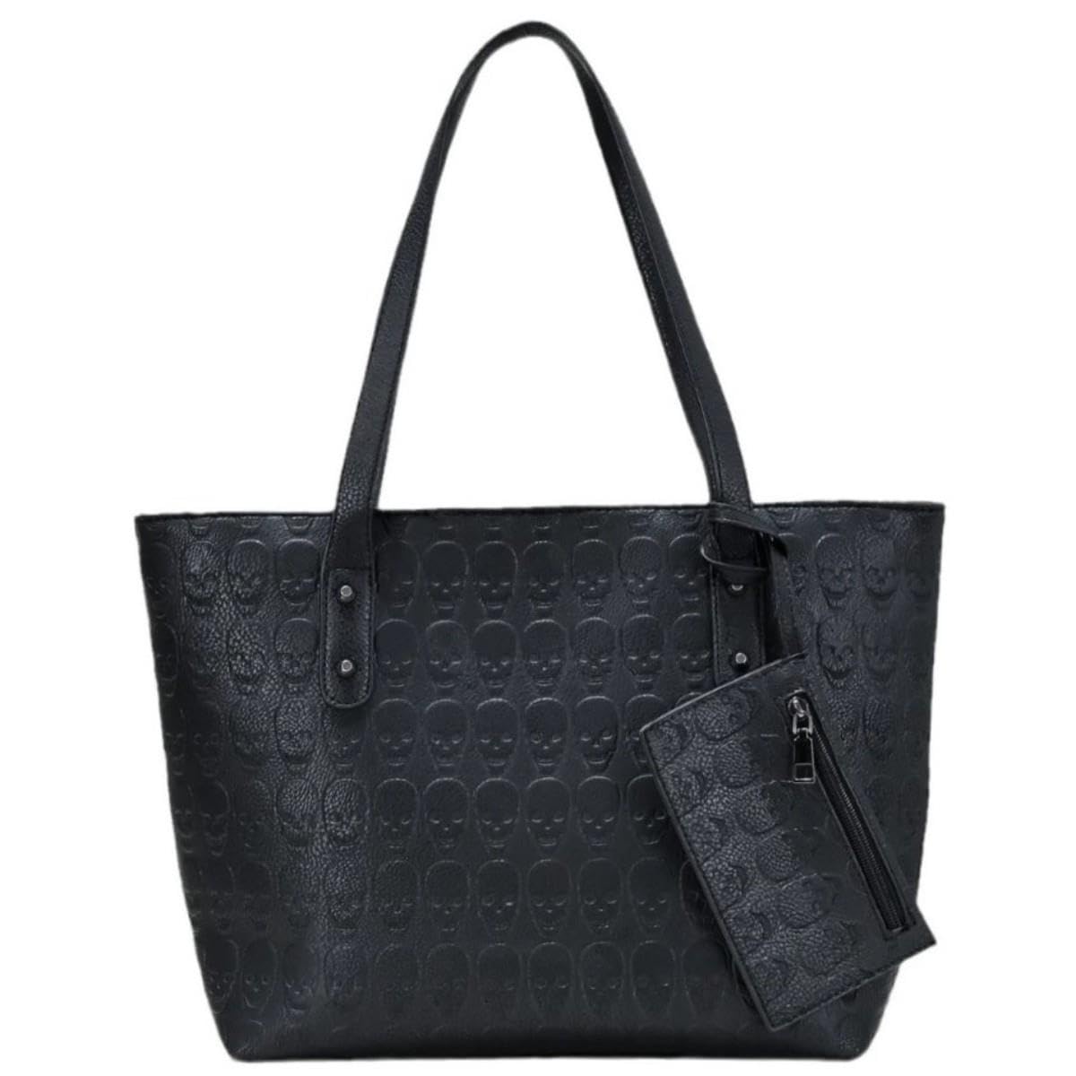Ro Rox Skulls Bag - Black Faux Leather Tote Bag with Skull Embossed Pattern