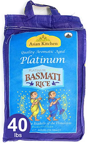 Asian Kitchen Platinum White Basmati Rice Extra Long Aged 40lbs (18.18kg) ~ All Natural | Gluten Friendly | Vegan | Indian Origin | Export Quality