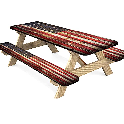 American Flag Picnic Table Fitted Tablecloth Cover, Symbolism Over Old Rusty Tones Weathered Vintage Social Plank Artwork Table Cloth, 28X72 Inch， 3 Piece Rectangle Table Cover For Outdoor, Camping #TOP22