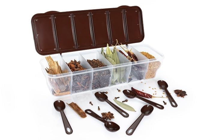 Image of TASTIC Multipurpose 6-in-1 Masala Box for Kitchen| Airtight BPA-Free Plastic 6 Section Storage Container with 6 Spoons, 1800 ml Transparent Pickle Box for Spices| Dry Fruits, Snacks Pack Of 1 Blue