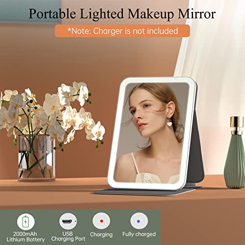 Rechargeable Travel Lighted Makeup Vanity Mirror With Pu Leather Cover, Portable Travel Makeup Mirror With Lights, 3 Color Lighting,Touch Sensor Dimmable, Light Up Tabletop Cosmetic Mirror Folding #TOP2