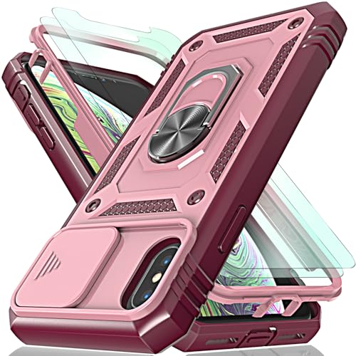 for iPhone X Case/iPhone Xs Case with Camera Cover Slider, 2*Tempered Glass Screen Protectors,Build in 360° Rotating Ring Kickstand, Military Grade Protective Case for iphone X5.8"-Wine Red/Pink