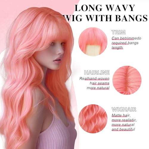 NOSTALGIA Pink Wig with Bangs for Women, 26 Inch Long Wavy Synthetic Wig | Heat Resistant Synthetic Fiber, Trimmable Bangs, Lightweight for Daily Wear, Cosplay, Parties, Festivals, and Halloween - image 3