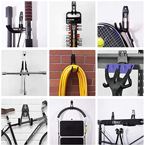 LIIBOT 2 Pack Garage Hooks with Heavy Duty Steel Storage Tool Hangers for Garage Wall Mount Utility Double Hooks with Anti-Slip Coating for Bike Garden Tools Ladders Bulky Items (S, J-Shaped, Black)