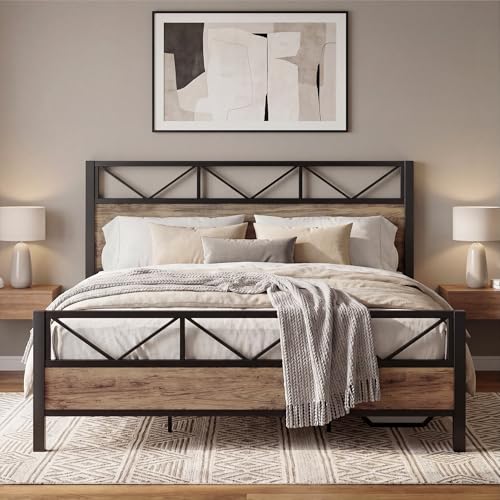 Image of LIKIMIO California King Bed Frame, Tall Industrial Headboard 51.1 inch, Platform Bed Frame with Strong Metal Support, Solid and Stable, Noise Free, No Box Spring Needed, Easy Assembly, Rustic Maple