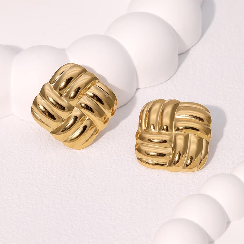 Chunky Gold Square Stud Earrings for Women – 18K Gold Plated Vintage Knot-Inspired Textured Earrings, Bold Statement Jewelry for Retro and Modern Looks - Image 2