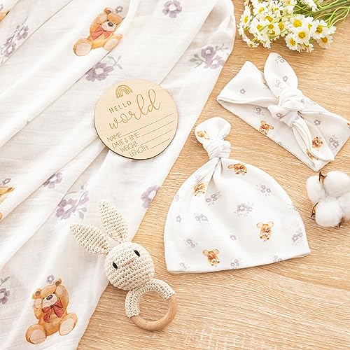 Image of BabyWhale Muslin Swaddle Blanket with Hat and Headband Bow, Flower and Bear Print Swaddle Set for Baby Boys & Girls, Soft Breathable Unisex Receiving Blanket Wrap, 47x47 inches