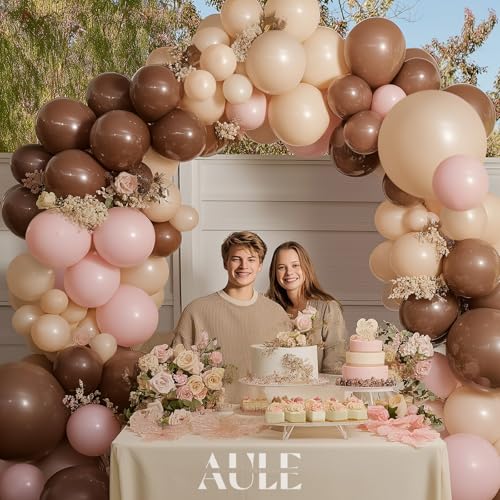 Image of AULE Brown Balloon Arch Kit 155Pcs Light Pink Beige Balloons | Coffee Brown Balloons Garland for Birthday Graduation Neutral Woodland Anniversary Teddy Bear Shower Theme Party Decoration