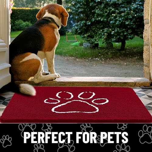 Image of Smiry Dog Door Mat for Muddy Paws, Absorbent Dirt Trapper Non Slip Quick Dry Washable Chenille Mat for Mud Dogs, Entry Rug for Indoor and Outdoor (48x30 Inches, Red and White)
