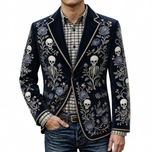 Halloween Suits for Men Halloween Blazer Men Corduroy Skeleton Floral Print Long Sleeve Blazer Black 01 Large - image 2