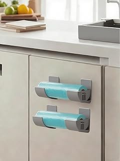 4 estantes de almacenamiento de cocina sin taladrar y dispensador de bolsas de basura, organizador montado en la pared p...