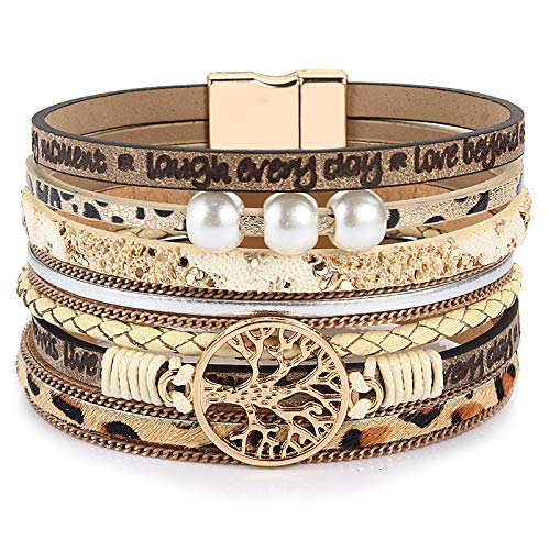FANCY SHINY Tree of Life Leather Wrap Bracelet Inspirational Cuff Bangles Boho Pearl Bracelets with Magnetic Clasp Unique Jewelry Gifts for Women